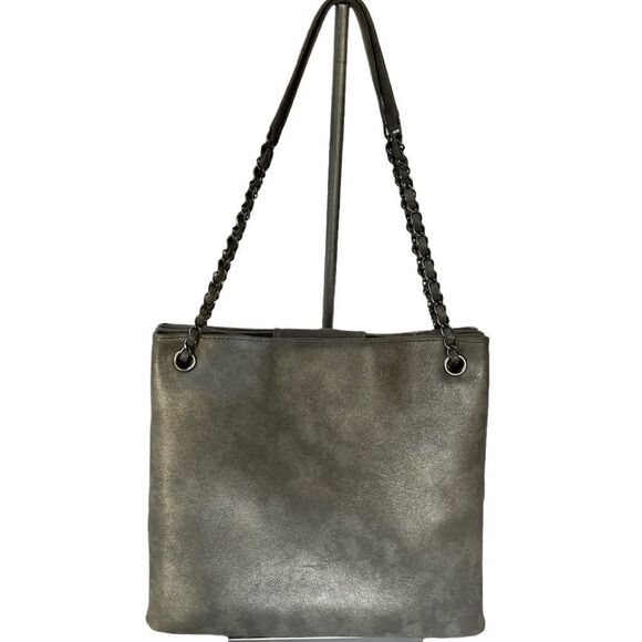 Chanel Large Iridescent Accordion Shopper Tote Handbag Calfskin Logo Silver - Picture 3 of 13